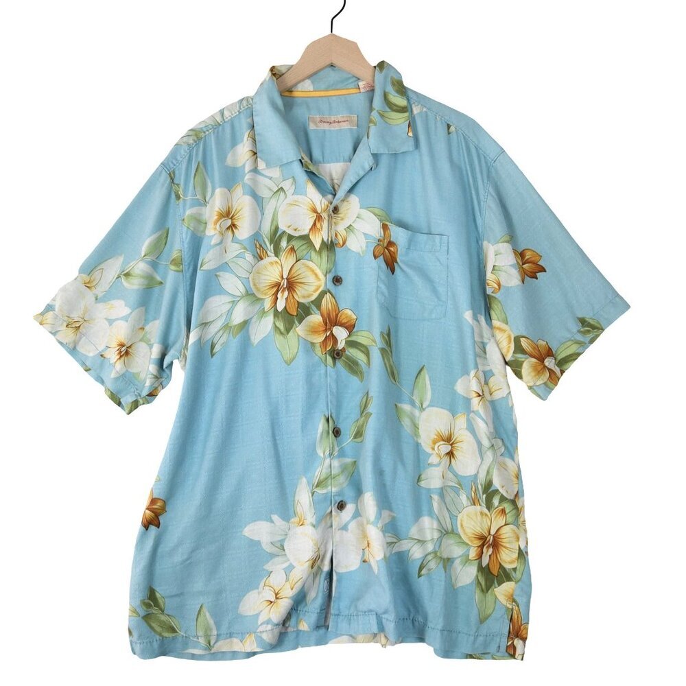 Tommy Bahama 100% Silk Hawaiian Shirt XL Blue Floral Aloha Camp Coastal - Picture 2 of 8